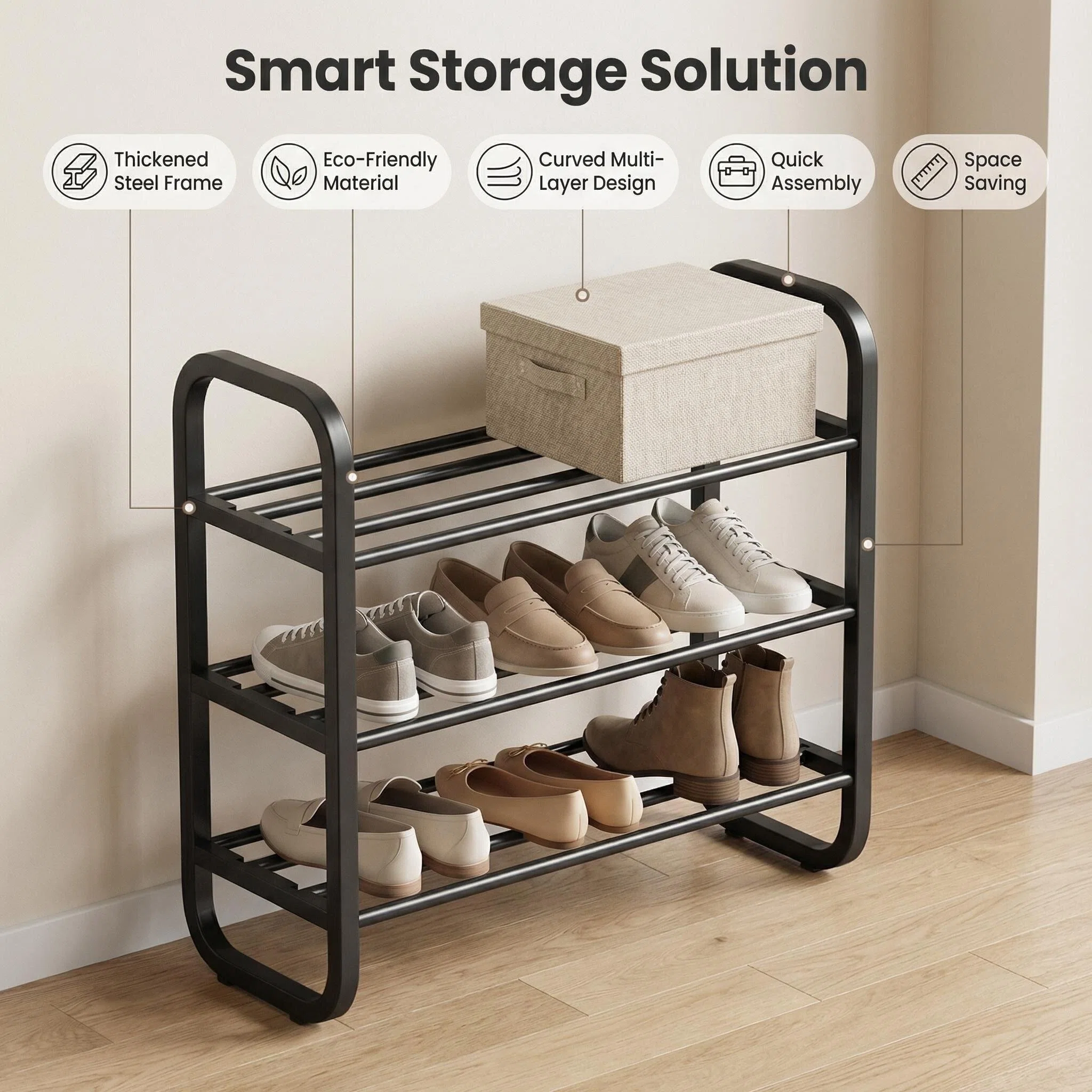 Curved Multi-Layer Quick Assembly Shoe Rack